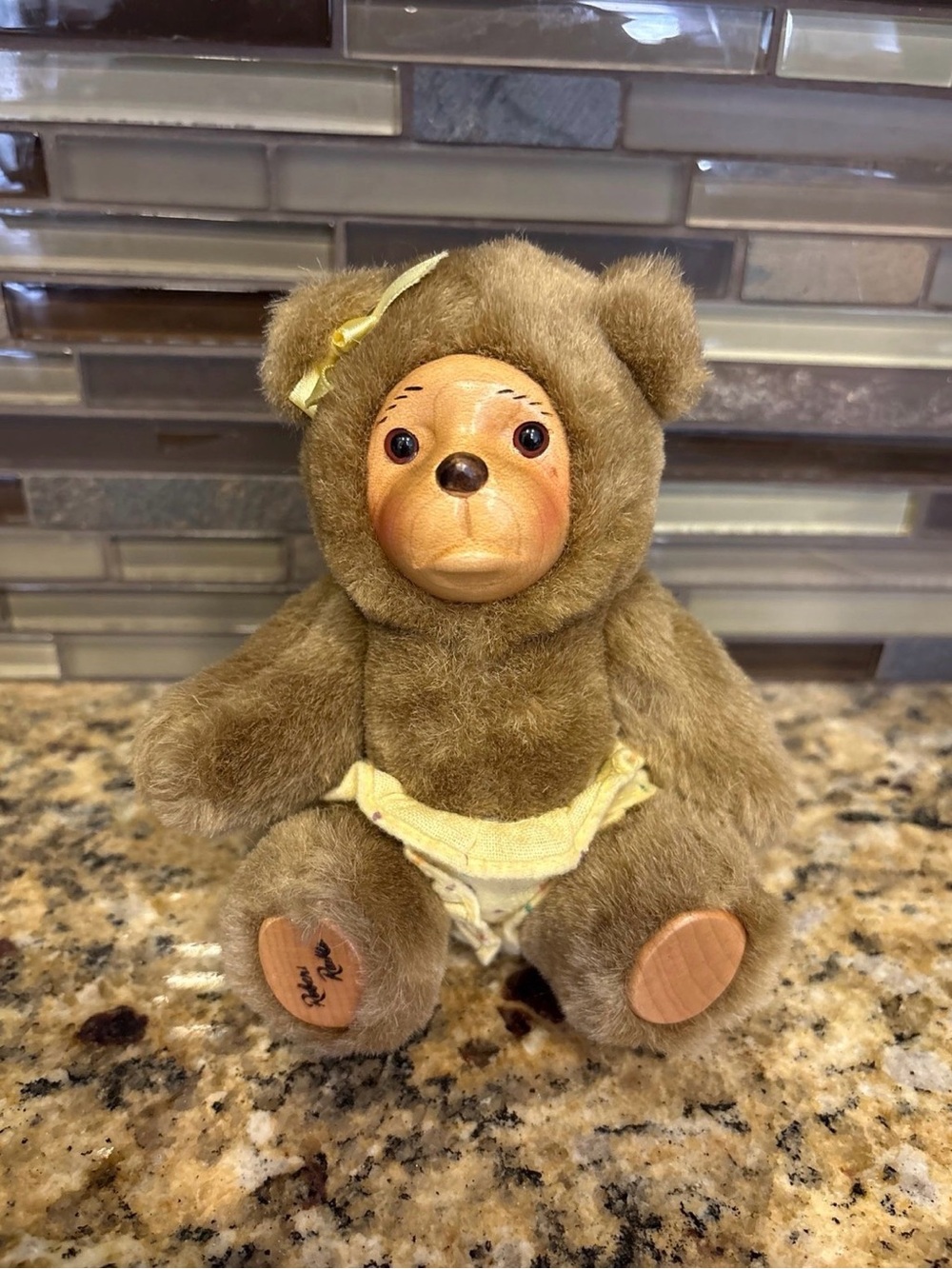 Vintage Plush Bear with Wooden Face and Yellow Bow